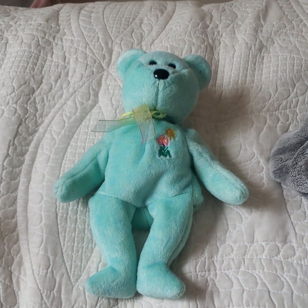 Ty Blue Stuffed Bear with Embroidered Flower